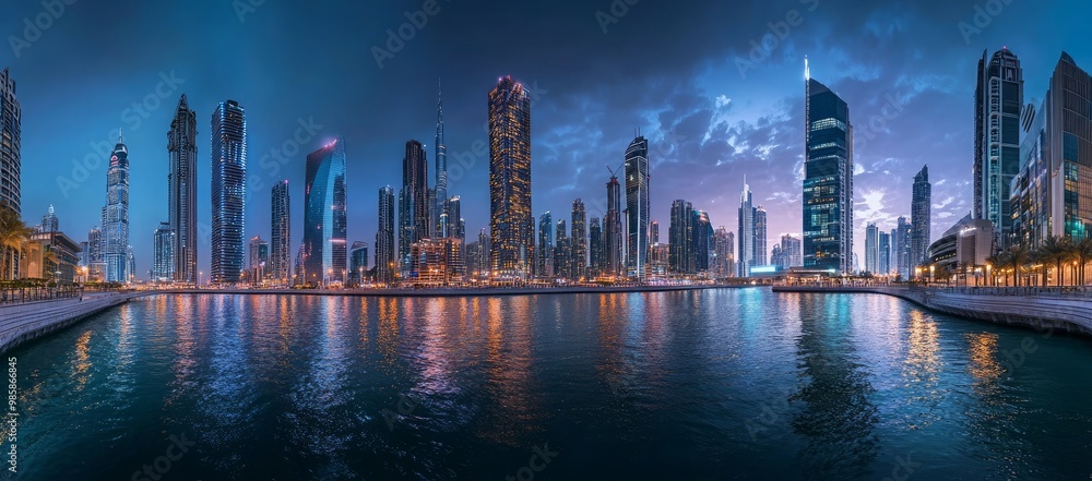 Fototapeta premium Urban Symphony Cityscape Reflections on Water, Reflections of a Vibrant Metropolis City Lights on Water, Skyline Mirror The Beauty of Cityscapes and Water Reflections