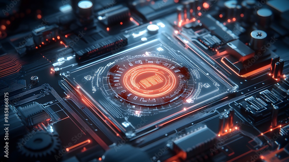 Futuristic circuit board with glowing elements, highlighting advanced technology and digital innovation. Futuristic circuit board with glowing elements, highlighting advanced technology and digital innovation.