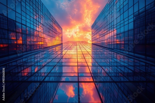 dramatic upward view of gleaming skyscrapers vibrant sunset sky reflected in glass facades symbolizing urban growth and architectural marvel