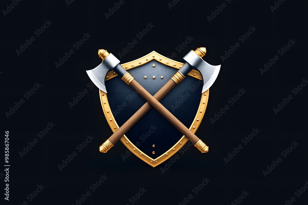 A bold emblem featuring a shield and crossed axes, symbolizing strength and protection in a dark background. A bold emblem featuring a shield and crossed axes, symbolizing strength and protection in a dark background.