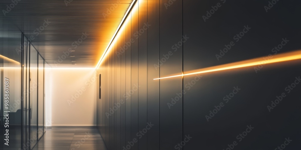Obraz premium A well-lit hallway features smooth walls and modern design elements, showcasing warm lights along the ceiling