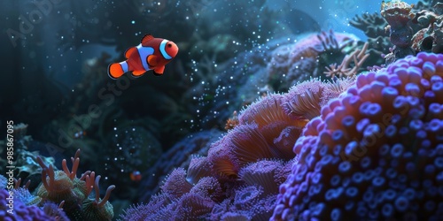 Clownfish Swimming Through Coral Reef photo