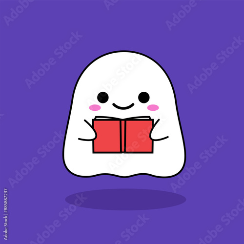 A cute ghost is reading a book. Isolated Vector Illustration