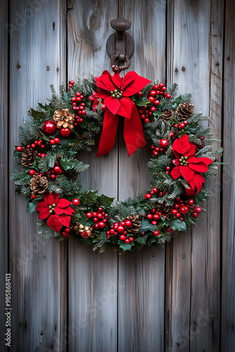 A holiday wreath with a small "Giving Tuesday" card attached, hanging on a wooden door