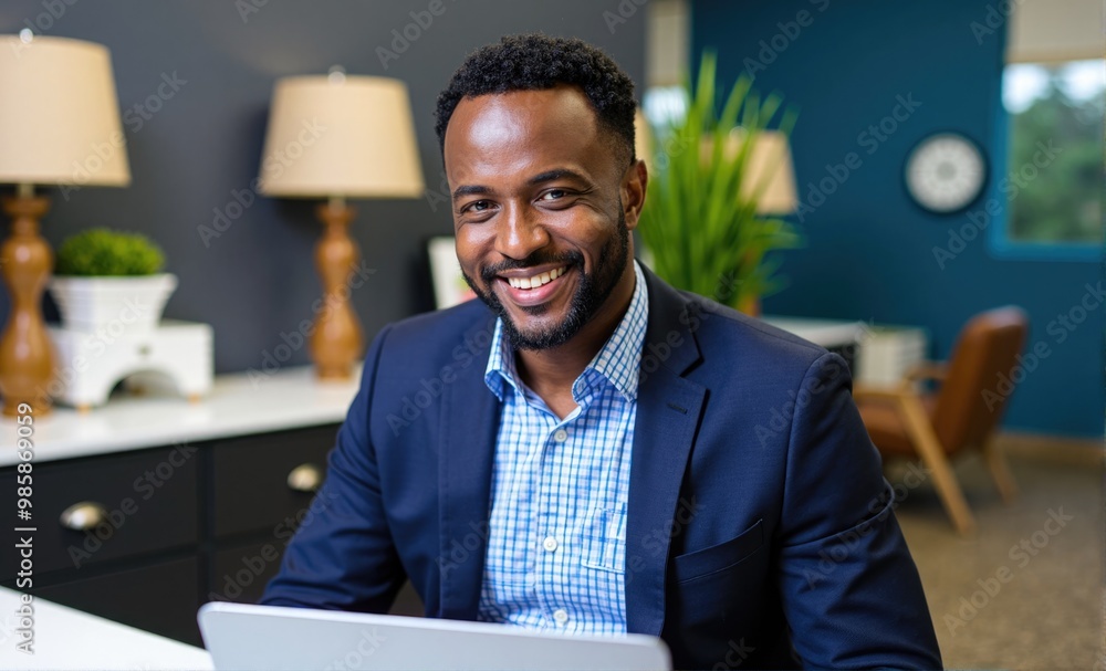 one businessman adult black man african work on laptop at home happy smile one businessman adult black man african work on laptop at home happy smile