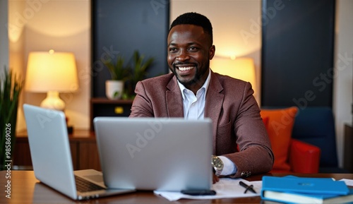 one businessman adult black man african work on laptop at home happy smile