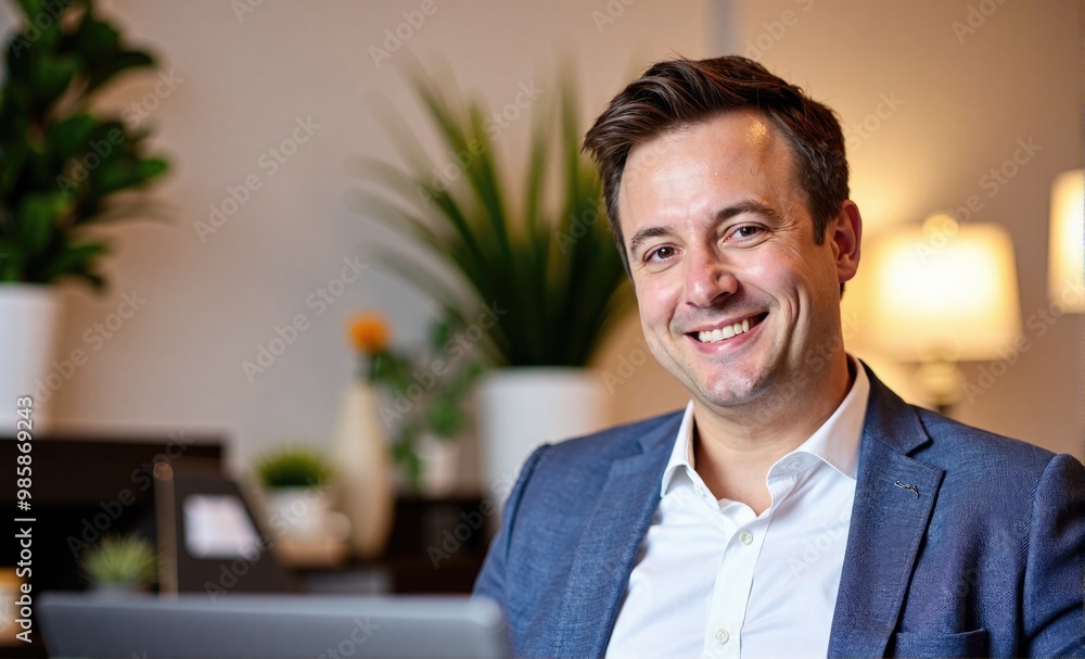 businessman smiling working on laptop in cafe businessman smiling working on laptop in cafe