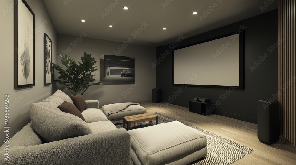 Compact basement home theater with a projector, sectional seating, and minimalistic decor for a cozy entertainment spot. Compact basement home theater with a projector, sectional seating, and minimalistic decor for a cozy entertainment spot.