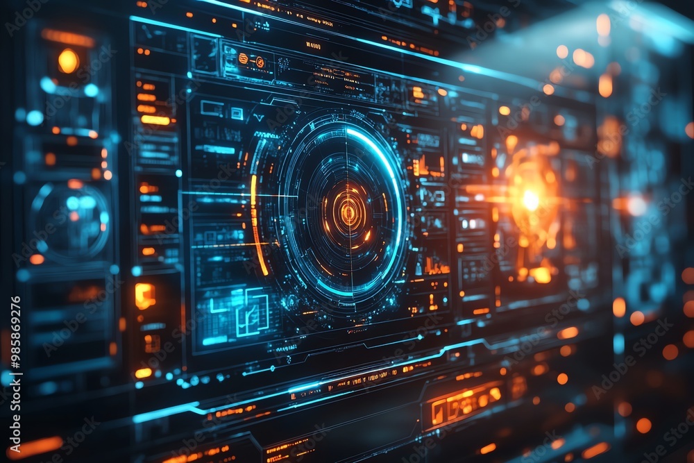Futuristic digital interface with glowing blue and orange elements. Futuristic digital interface with glowing blue and orange elements.