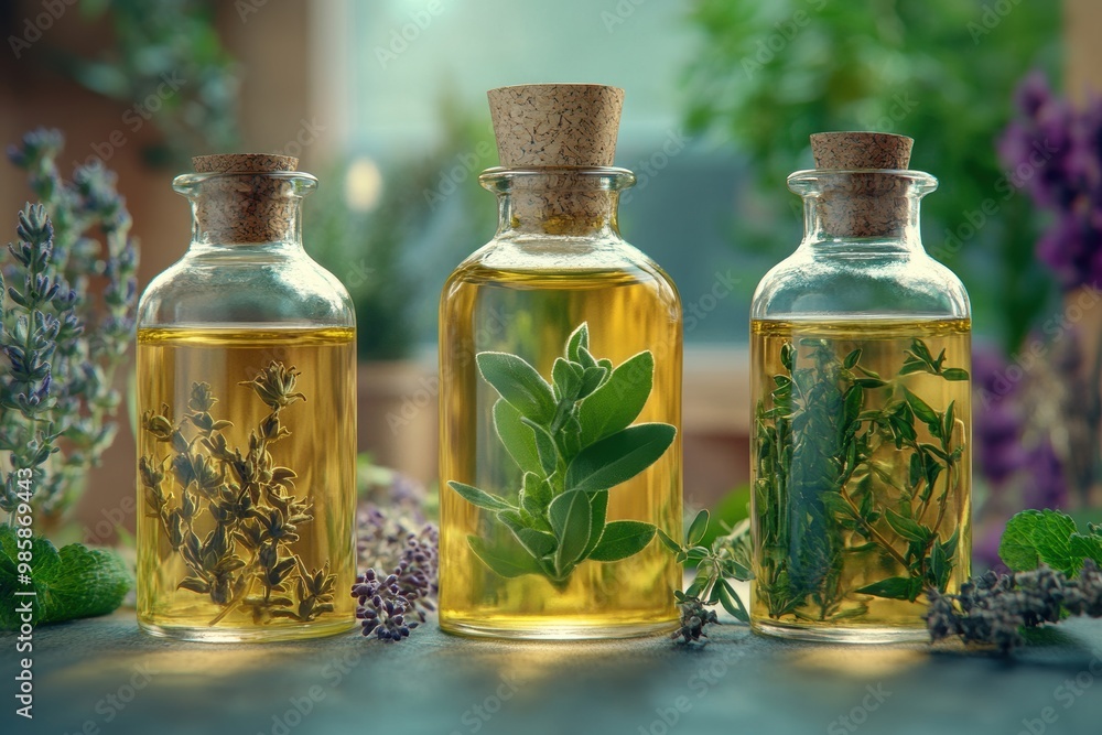 a banner featuring ayurvedic herbs and essential oils in bottles, promoting natural wellness remedies a banner featuring ayurvedic herbs and essential oils in bottles, promoting natural wellness remedies