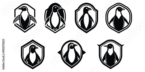 Black penguin silhouette, line art icon, vector illustration on white background.