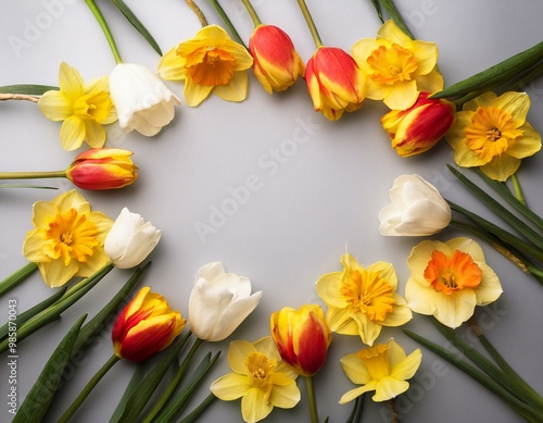 Daffodils and tulips, spring flowers in a flat lay frame, border or background.