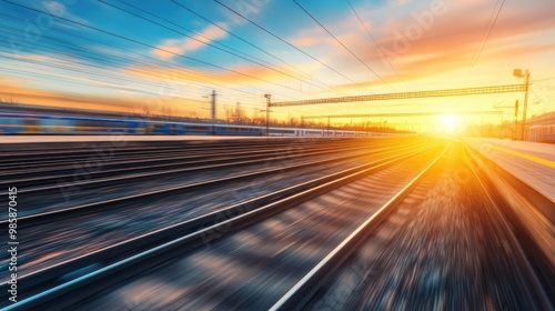 Train moving at dusk. Train station with motion blur background set against vibrant blue sky, industrial theme. Railway tourism, railway travel. railway that is hazy. Moving