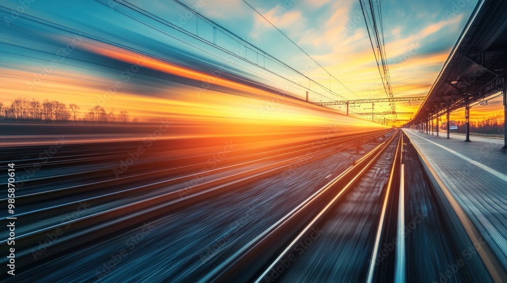 Train moving at dusk. Train station with motion blur background set against vibrant blue sky, industrial theme. Railway tourism, railway travel. railway that is hazy. Moving Train moving at dusk. Train station with motion blur background set against vibrant blue sky, industrial theme. Railway tourism, railway travel. railway that is hazy. Moving