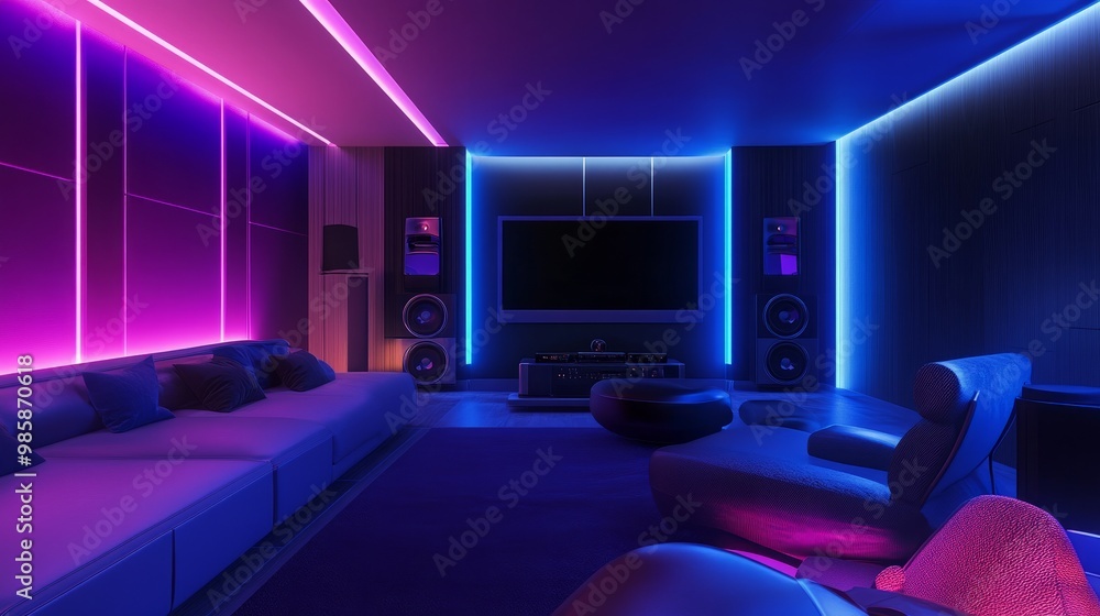 Futuristic home theater with neon LED lighting, modern furniture, and a high-tech sound system for an ultramodern vibe. Futuristic home theater with neon LED lighting, modern furniture, and a high-tech sound system for an ultramodern vibe.