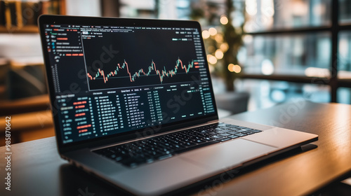 Wealth Management: Laptop Displaying Financial Charts and Currency Symbols