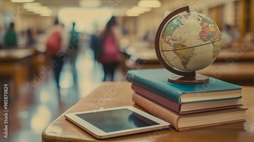 Globe, books, and tablet on a wooden desk in a school library with blurred students in the background, symbolizing education and global learning