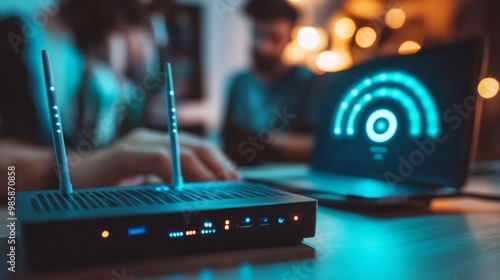 focused selectively at the router. Internet router on a work surface with a man in the background who is blurry connecting the cable. Fast and high-speed internet access via fiber line featuring a fut photo