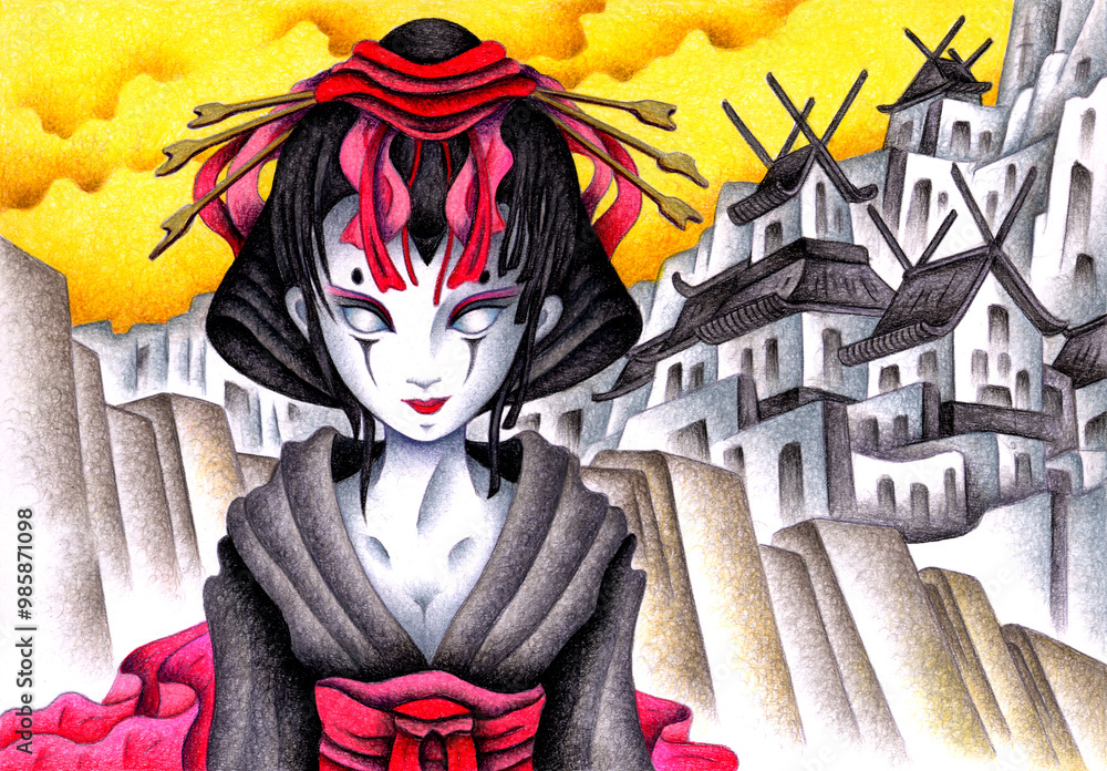 SFイラスト・手描き・色鉛筆画 - 花魁・芸者・ロボット・アンドロイド・未来都市 SFイラスト・手描き・色鉛筆画 - 花魁・芸者・ロボット・アンドロイド・未来都市