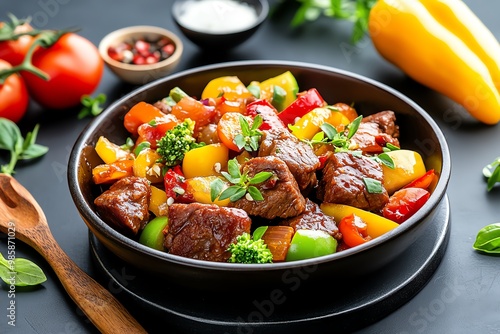 A vibrant and delicious bowl of beef stir-fry with colorful vegetables, garnished with fresh herbs and spices.