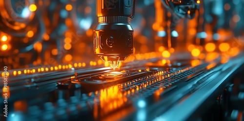 Futuristic robotic arm with glowing lights, focused on a metallic surface in an industrial setting.