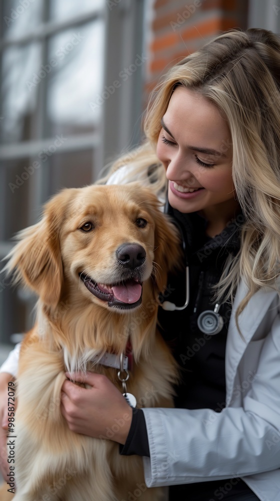 Veterinarian performing a checkup on a Labrador retriever in a bright modern animal clinic Veterinarian performing a checkup on a Labrador retriever in a bright modern animal clinic