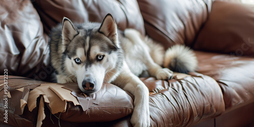 Siberian Husky dog ​​chews up and destroys sofa in living room. Copy space.