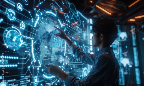 Wallpaper Mural A hand interacts with a glowing holographic display, symbolizing advanced technology and innovation. Free copy space for banner. Torontodigital.ca