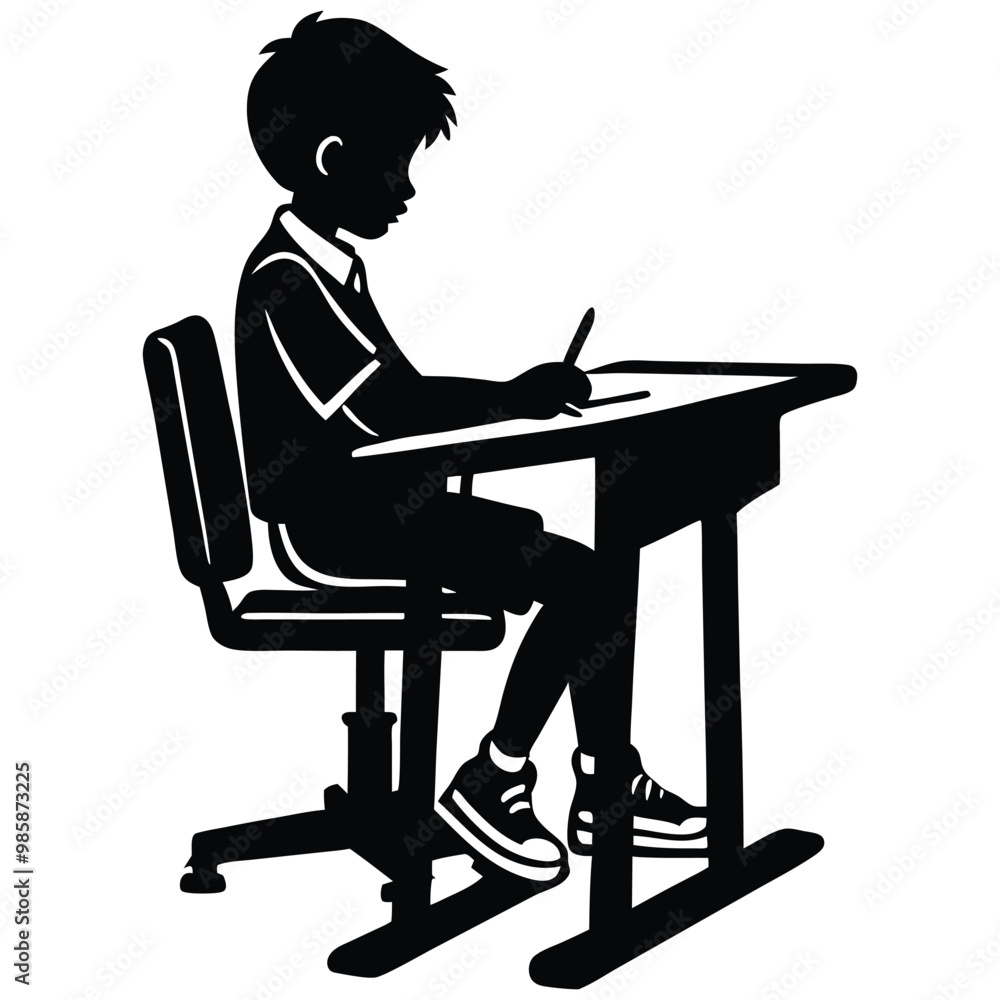 a school boy sitting at the desk, vector silhouette, on a white background, a school boy sitting at the desk, vector silhouette, on a white background,