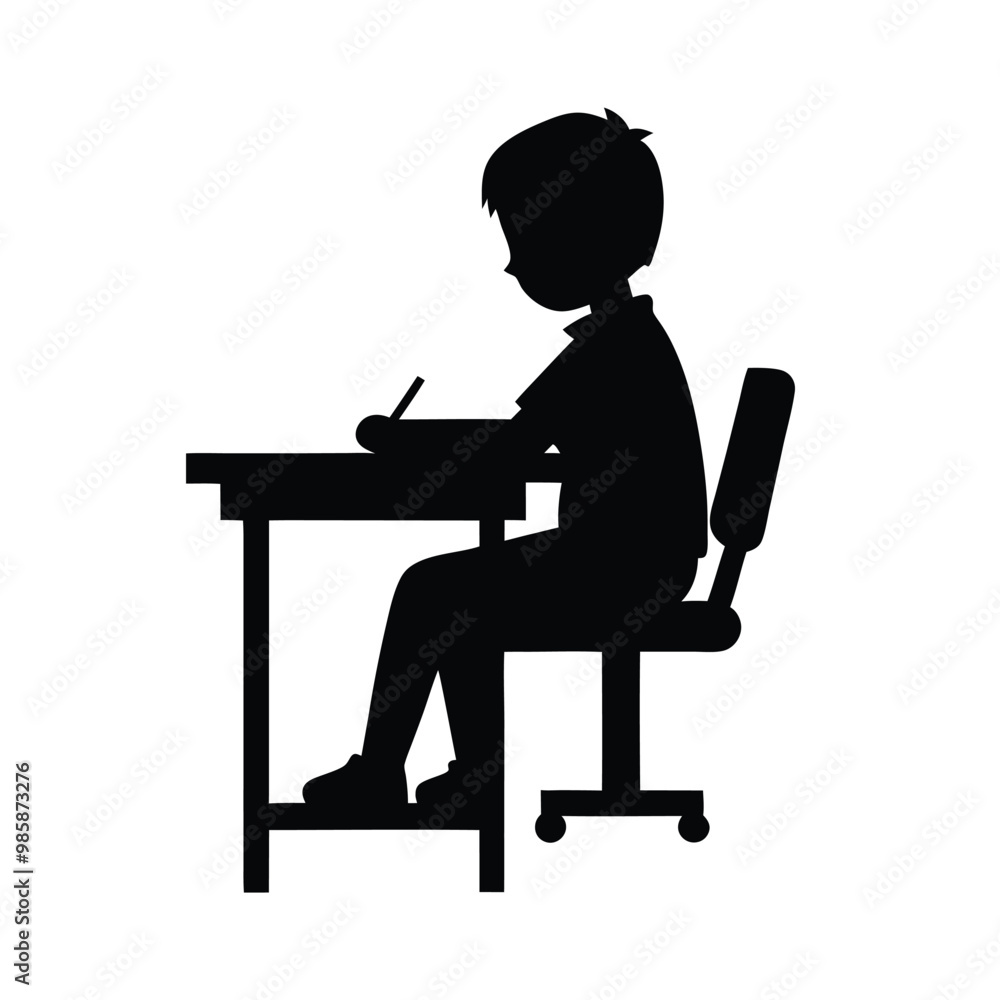 a school boy sitting at the desk, vector silhouette, on a white background, a school boy sitting at the desk, vector silhouette, on a white background,
