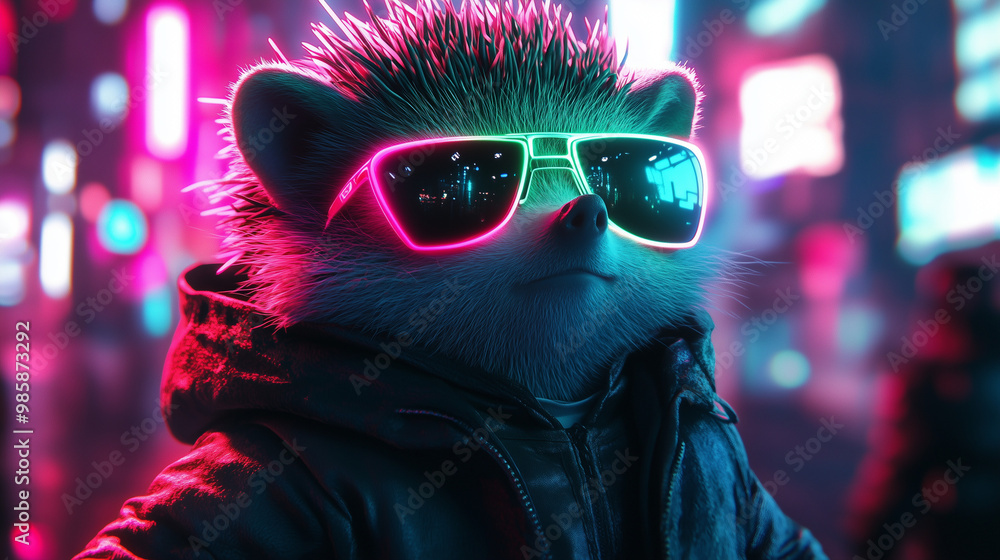 Neon Hedgehog Wearing Futuristic Sunglasses and Hoodie in Cyberpunk Cityscape Neon Hedgehog Wearing Futuristic Sunglasses and Hoodie in Cyberpunk Cityscape