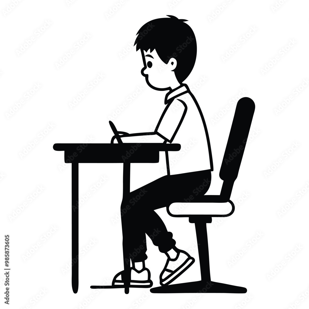 a school boy sitting at the desk, vector silhouette, on a white background, a school boy sitting at the desk, vector silhouette, on a white background,