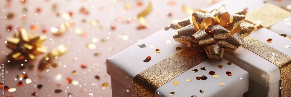A beautiful white gift box adorned with a gold ribbon and bow, surrounded by shimmering gold confetti. This image evokes feelings of celebration, joy, and luxury. A beautiful white gift box adorned with a gold ribbon and bow, surrounded by shimmering gold confetti. This image evokes feelings of celebration, joy, and luxury.