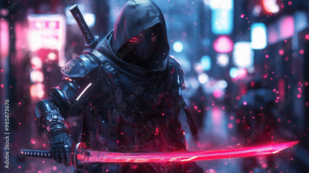 Futuristic Urban Samurai Hooded Warrior with Red Glowing Sword in Neon Cityscape Futuristic Urban Samurai Hooded Warrior with Red Glowing Sword in Neon Cityscape