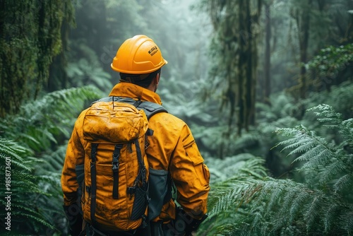 ecoconscious forestry worker amid lush greenery vibrant safety gear contrasts with rich forest tones highlighting sustainable industry practices