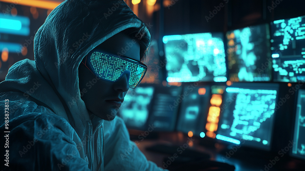 Hacker With Futuristic Digital Glasses Surrounded By Neon Screens Cyber Matrix Hacker With Futuristic Digital Glasses Surrounded By Neon Screens Cyber Matrix