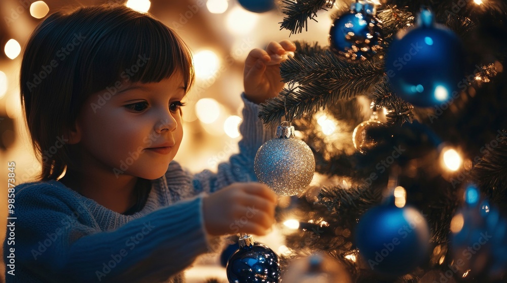 Children playing in front of a bright blue and silver Christmas tree, ornaments glistening in the evening light. Children playing in front of a bright blue and silver Christmas tree, ornaments glistening in the evening light.