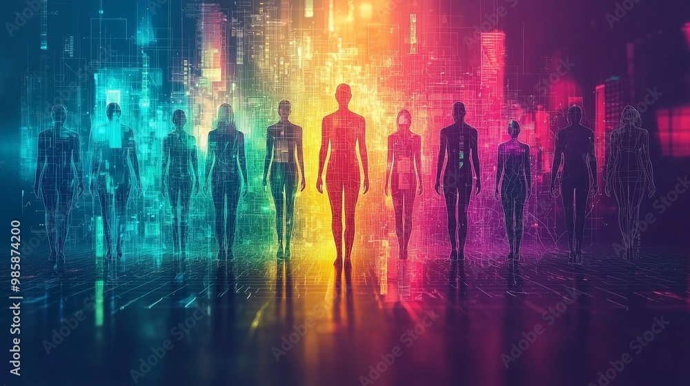 A group of diverse, futuristic human silhouettes in a colorful, digital cityscape, symbolizing social identity and unity in a tech-driven world. A group of diverse, futuristic human silhouettes in a colorful, digital cityscape, symbolizing social identity and unity in a tech-driven world.