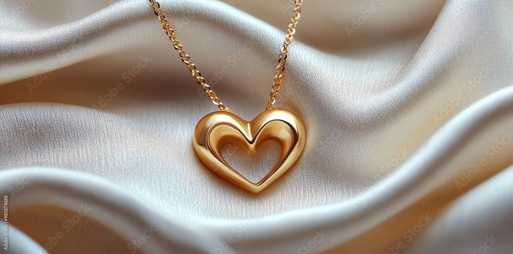 Gold heart pendant necklace on a white satin background. Gold heart pendant necklace on a white satin background.
