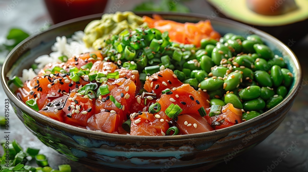 Vibrant poke bowl with marinated tuna avocado edamame and rice topped with sesame seeds and soy sauce Vibrant poke bowl with marinated tuna avocado edamame and rice topped with sesame seeds and soy sauce