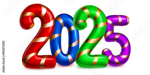 Large colorful stylized number 2025 with a festive Christmas design reminiscent of a candy cane, with soft shadow, on a white background.