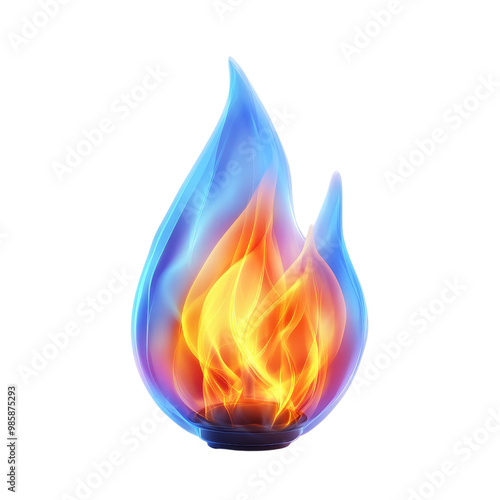 A natural gas flame burning blue, hyper-realistic, rich blue and orange, isolated on white background. 