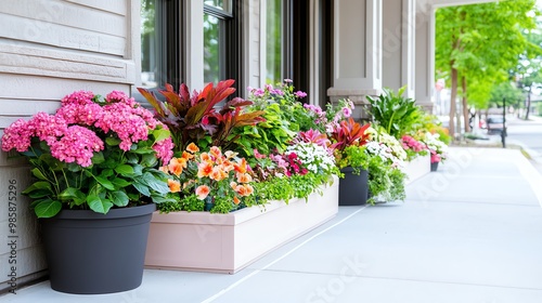 Fototapeta Naklejka Na Ścianę i Meble -  Vibrant floral display with colorful blooms adorning a sidewalk, enhancing an inviting urban atmosphere.