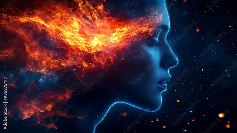 A woman's profile with fire emanating from her head, symbolizing passion, energy, and inspiration. A woman's profile with fire emanating from her head, symbolizing passion, energy, and inspiration.