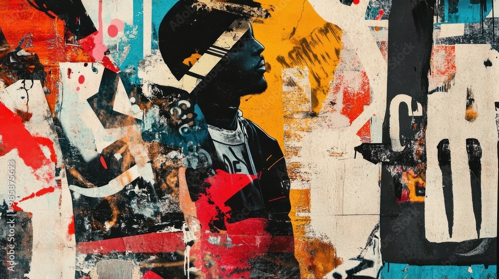 Fototapeta premium Urban-inspired collage with gritty textures, graffiti elements, and bold typography, ideal for streetwear ads.