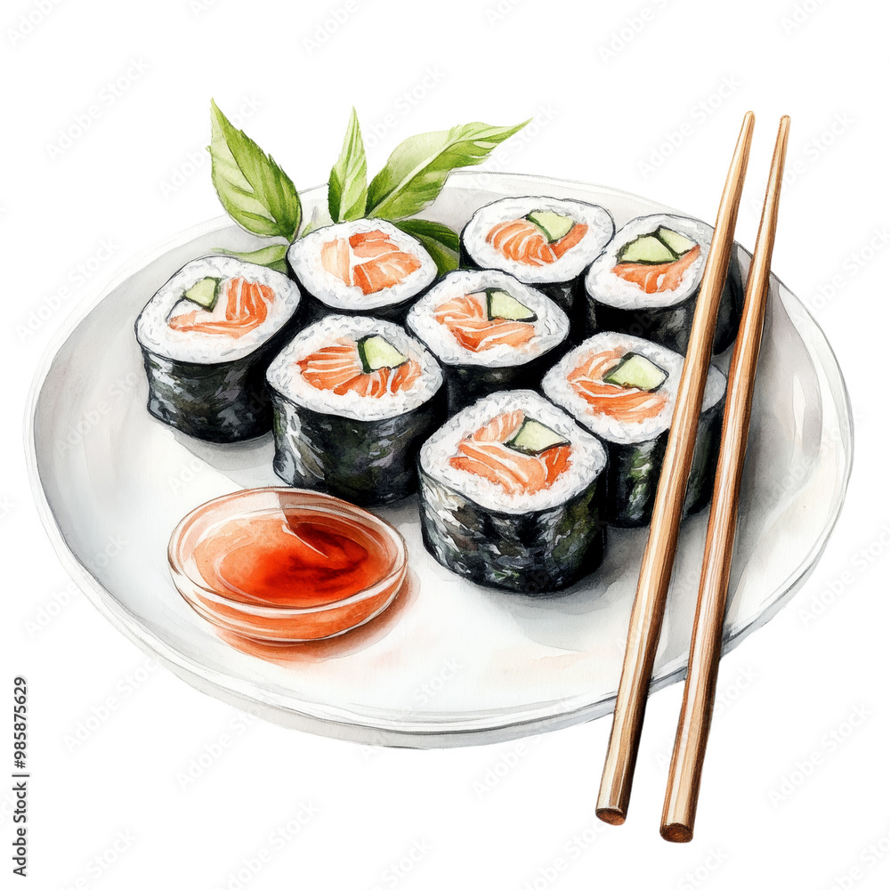 A plate of sushi rolls with soy sauce and chopsticks, watercolor illustration, soft pinks and greens, isolated on white background. A plate of sushi rolls with soy sauce and chopsticks, watercolor illustration, soft pinks and greens, isolated on white background.