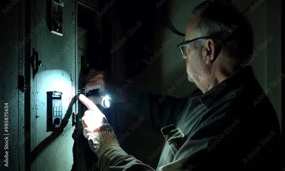 A Man Using a Flashlight to Inspect a Control Panel A Man Using a Flashlight to Inspect a Control Panel