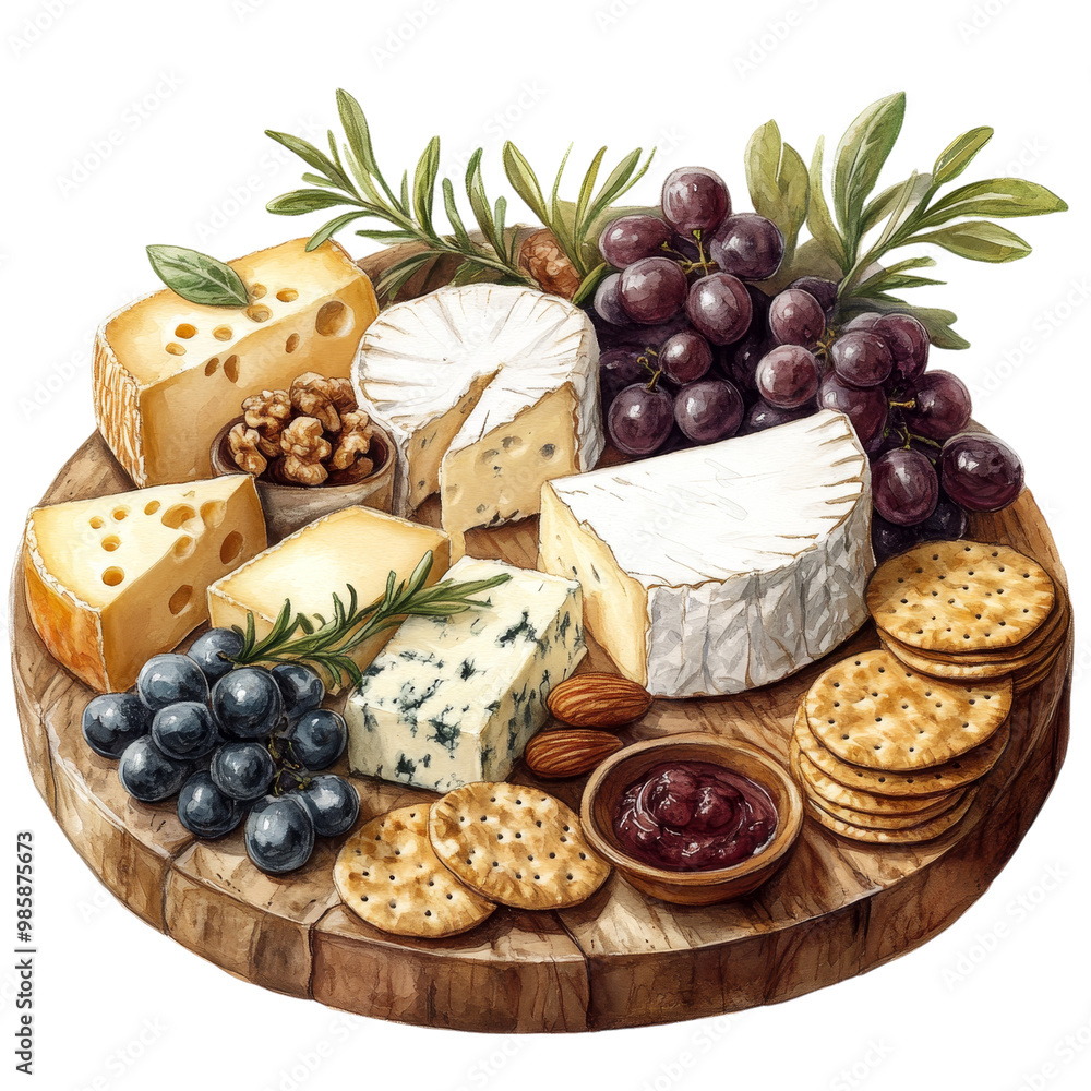 A platter of assorted cheese and crackers, with grapes and nuts, watercolor style, soft yellow and brown tones, isolated on white background. A platter of assorted cheese and crackers, with grapes and nuts, watercolor style, soft yellow and brown tones, isolated on white background.