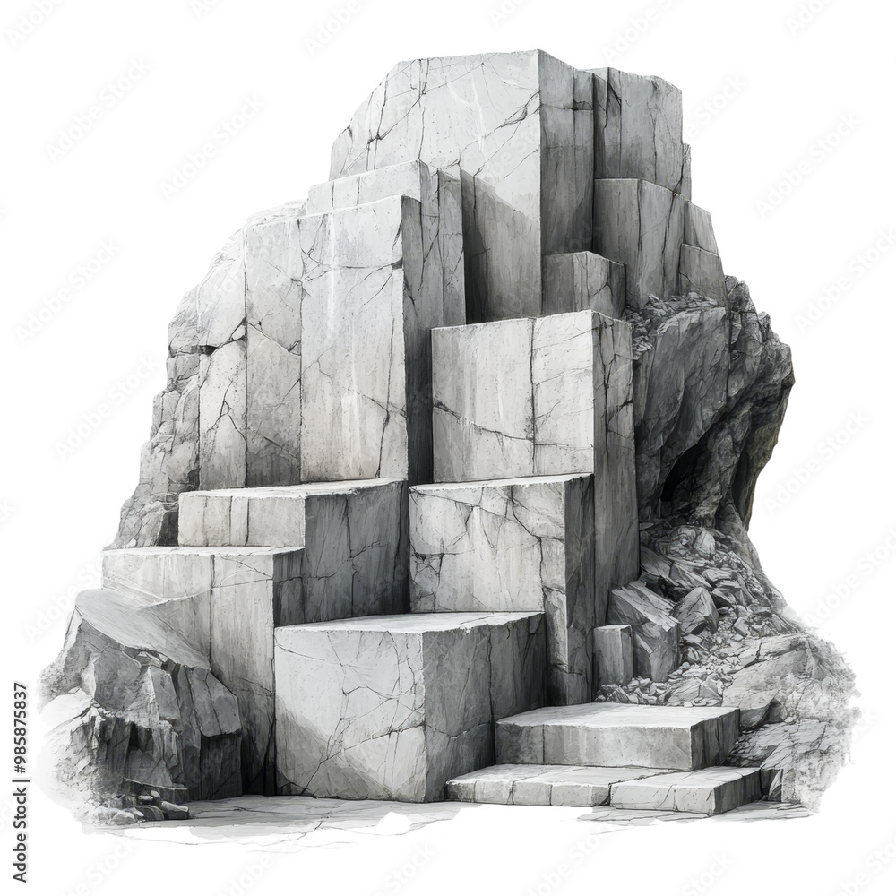 Obraz premium A quarry filled with granite blocks, digital painting, grey and white tones, isolated on white background. 