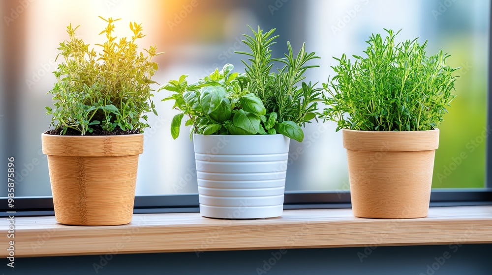 A collection of fresh herbs in decorative pots, brightening a windowsill with natural greenery and a touch of nature indoors. A collection of fresh herbs in decorative pots, brightening a windowsill with natural greenery and a touch of nature indoors.